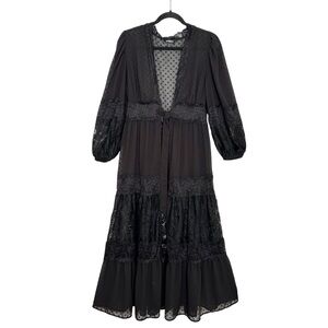 EXPRESS Black Lace Duster Robe Swiss Dot Sheer Kimono Gothic Boho Tie Front M